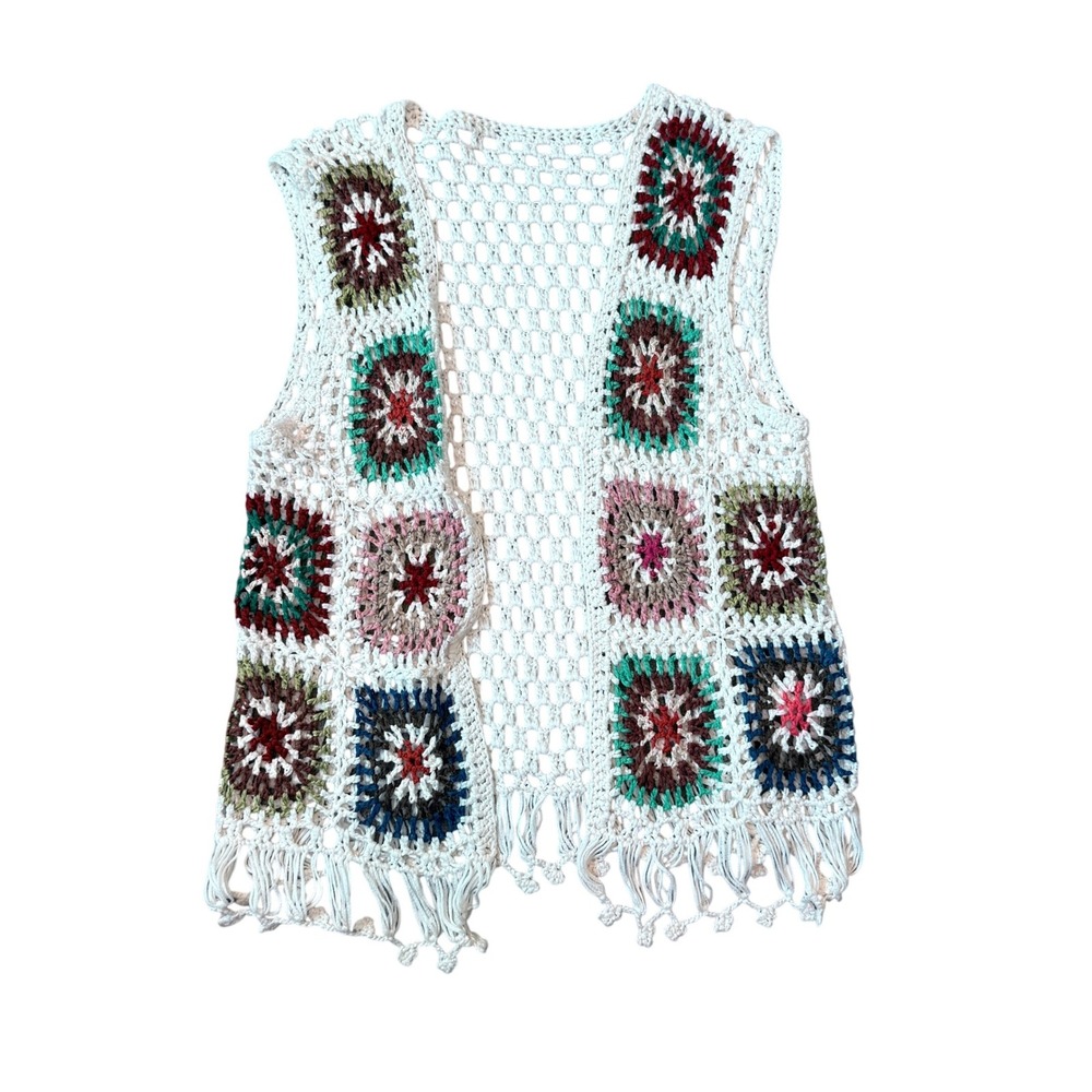Crochet Granny Square Fringe Vest Boho Cream Multi Color Sleeveless Sz M